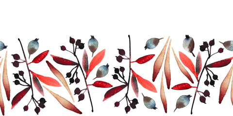 Seamless border with leaves and berries, hand-drawn. Watercolor, scanning and digital post-processing. 