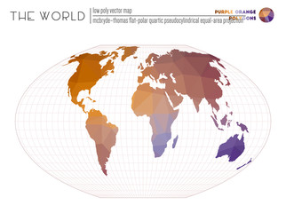 World map in polygonal style. McBryde-Thomas flat-polar quartic pseudocylindrical equal-area projection of the world. Purple Orange colored polygons. Trending vector illustration.