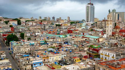 Aerial view of the city of Havana with a stormy sky