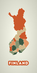 Finland poster in retro style. Map of the country with regions in autumn color palette. Shape of Finland with country name. Elegant vector illustration.