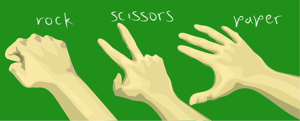 game rock scissors paper playing three hands isolated on green background with signs name game