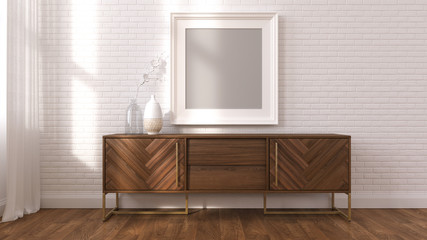 3d render mock up wood sideboard and frame photo