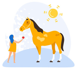 Informational Flyer Love for Horses Cartoon Flat. Vector Illustration. Tall Girl to Treat Horse with Fruit and Make it Happy. Interesting Communication with Animals Outside City in Summer.