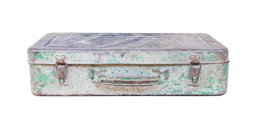 Vintage closed steel chest with rusty lock in square shape isolated on white background and clipping path