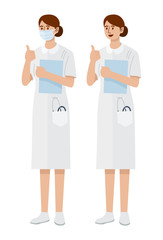 Fototapeta premium A young woman nurse wearing mask giving a thumbs up, Vector Illustration