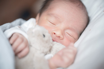 Newborn baby sleeping on bed with little rabbit.Family and love concept.Asian kid.