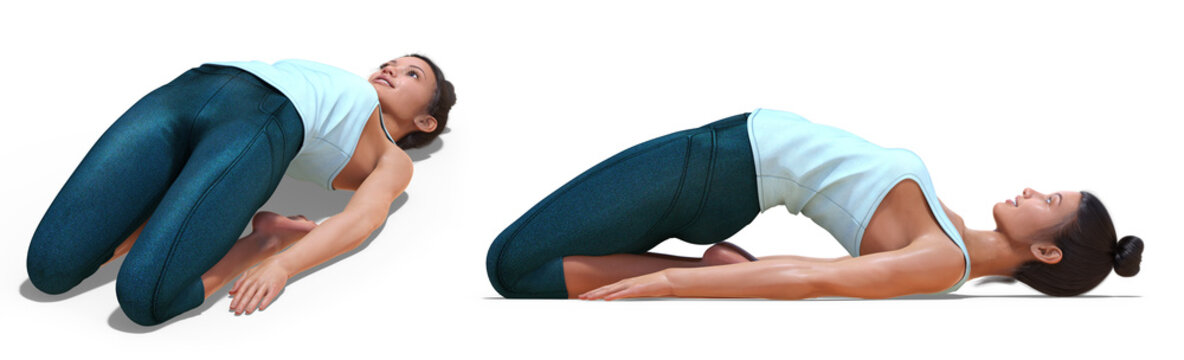 Front and Left Profile Poses of a Virtual Woman in Yoga Reclined Hero Pose