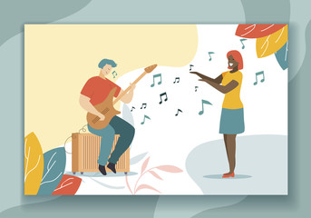 Playing Guitar Hobby and Singing Flat Illustration. Caucasian Man with Musical Instruments sitting on Sound Amplifier. Afro American Woman Singer Standing near. People Love Music. Vector Cartoon