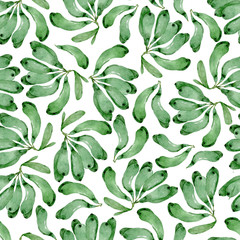 Green banana seamless pattern design on white background. Hand drawn watercolor illustration