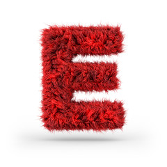 Capital letter E. Uppercase. Red fluffy and furry font. 3D