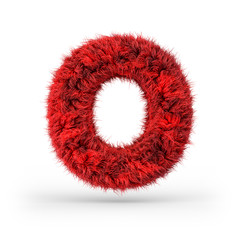 Capital letter O. Uppercase. Red fluffy and furry font. 3D