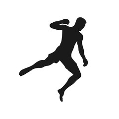 Fototapeta na wymiar Jumping punch silhouette. Male MMA fighter pose. Martial arts professional athlete. Combat sport exercise training. Fitness gym workout icon symbol or sign - Simple vector black and white illustration