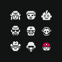 1bit Abstract avatar faces, pixel art people head characters set design, guy, man with sunglasses, vector graphic minimalistic style  illustration. Design for game, sticker, app, web and logo.
