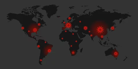 Fotobehang Coronavirus, COVID-19 and world map as global pandemic concept on dark background © lvnl