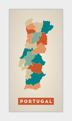 Portugal poster. Map of the country with colorful regions. Shape of Portugal with country name. Appealing vector illustration.