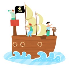 Kids pirate ship sailing in the sea, adventure, black flag and sail with scull and cross bones cartoon vector cartoon illustration isolated on white. Pirate ship for kids book, party decoration.