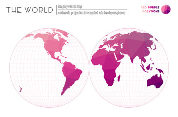 Fototapeta premium Abstract world map. Mollweide projection interrupted into two hemispheres of the world. Red-purple colored polygons. Creative vector illustration.