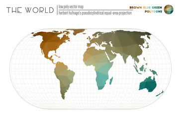 World map with vibrant triangles. Herbert Hufnage's pseudocylindrical equal-area projection of the world. Brown Blue Green colored polygons. Contemporary vector illustration.