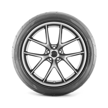Racing Wheel Isolated on White Background. Side View of Car Wheel with Tire. Tubeless Car Tyre. Semi-Trailer Truck Tire. Tractor Tire. Black Rubber Truck Tire. Polished Chrome Car Rim. Clipping Path