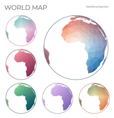 Low Poly World Map Set. Satellite (tilted perspective) projection. Collection of the world maps in geometric style. Vector illustration.