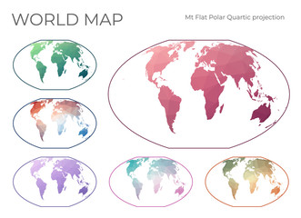 Low Poly World Map Set. McBryde-Thomas flat-polar quartic pseudocylindrical equal-area projection. Collection of the world maps in geometric style. Vector illustration.