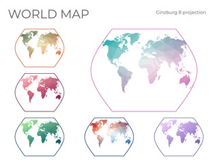Low Poly World Map Set. Ginzburg VIII projection. Collection of the world maps in geometric style. Vector illustration.