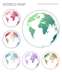 Low Poly World Map Set. Lambert azimuthal equal-area projection. Collection of the world maps in geometric style. Vector illustration.