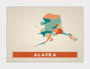 Alaska poster. Map of the us state with colorful regions. Shape of Alaska with us state name. Attractive vector illustration.