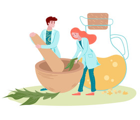 Pharmacy business medicine drug store doctors, pharmacists care for treatment medicaments cartoon vector illustration. Pharmaceutical science. Pill and vitamins drugstore isolated on white.