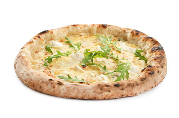 Delicious cheese pizza with arugula isolated on white