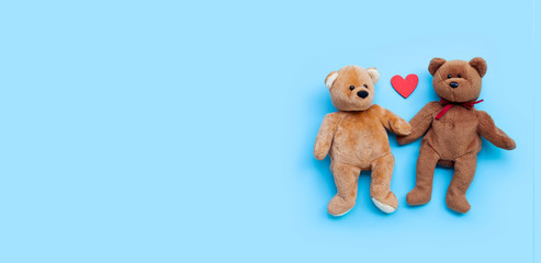 Bear toy couple with heart on blue background.