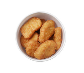 Bucket with tasty chicken nuggets isolated on white, top view