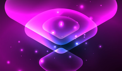 Glowing neon shiny transparent abstract geometric shapes with light effects. Techno futuristic vector abstract background For Wallpaper, Banner, Background, Card, Book Illustration, landing page