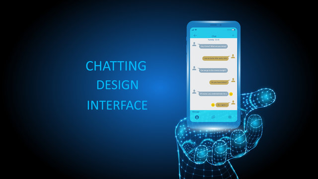 Vector illustration of artificial intelligence holding a smartphone in hand with chat for communication. Science, futuristic, web, network concept, high technology. EPS 10