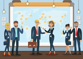 Global Commerce, Economy Flat Vector Illustration. International Partnership, Network Communication, Connection. Business Partners Agreement, Contract. Financiers, Bankers. Profitable Online Trade