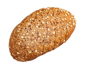 Isolated sliced bread with seeds and flakes on white background.