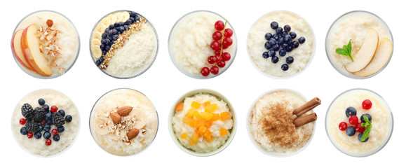 Fototapeta na wymiar Set of delicious rice puddings on white background, top view
