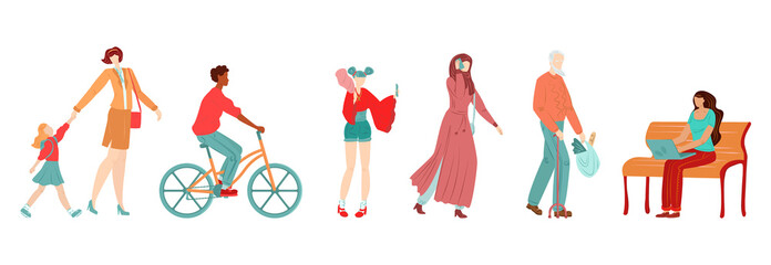 People in city, pedestrians flat set of muslim woman, old man shopper, bicyclist and mother with daughter girl isolated on white vector illustration. People on city streets collection.