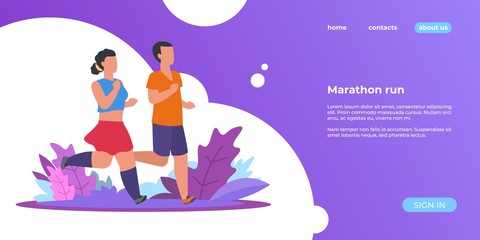 People run landing. Sporty woman and man running outdoor, summer nature healthy activities web page. Vector illustrations marathon runners in park banner