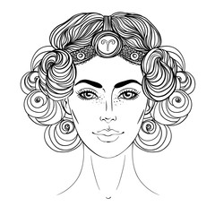 Illustration of Aries astrological sign as a beautiful girl. Zodiac vector drawing isolated in black and white. Future telling, horoscope, alchemy, spirituality. Coloring book for adults.