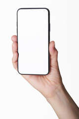 Man hand holding black smartphone isolated on white background, clipping path