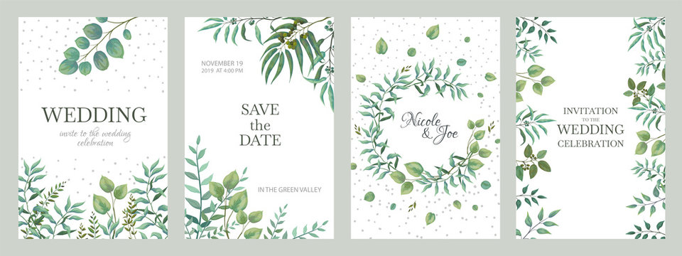 Wedding greenery posters. Elegant floral frames, rustic vintage borders of branches and leaves. Vector trendy elegance fashion invitation cards with minimalistic designs on white background