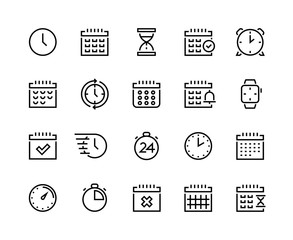 Time and calendar line icons. Business planning and schedule optimization pictograms with clock, alarm, stopwatch and chronometer. Vector set simple icon symbols timekeeper, sign time relativity