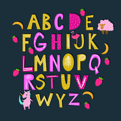 Alphabet hand drawn letters in folk style. Scandinavian Style Font. Ornate black font, typography set.  Black and white nursery poster with hand drawn letters. Abc Design element for poster, card, ban