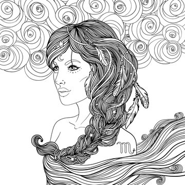 Portrait of Scorpio astrological sign as a beautiful girl. Zodiac vector illustration isolated on white. Future telling, horoscope, alchemy, spirituality, occultism, fashion woman with braid and