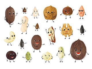 Nuts cartoon characters. Cute mascot persons for kids illustration, peanut walnut hazelnut pistachio almond macadamia pecan cashew. Vector set nature nut with face on white background