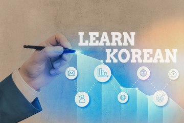 Word writing text Learn Korean. Business photo showcasing get knowledge or skill in speaking and...