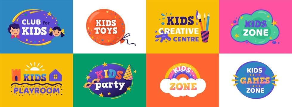 Kids club. Logo for children playing zone and education room club, funny banner concept for kids zone entertainment. Vector children party coloured set signs, emblem for playground