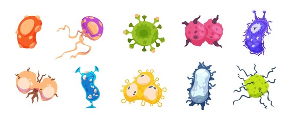 Cartoon virus. Germs bacterias and flu infection cells, sickness microbe organism collection. Vector different medicine micro-organisms isolated, provoking diseases, on white