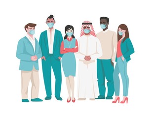 People in medical mask. Cartoon diverse characters in medical face masks, coronavirus prevention and quarantine. Vector illustrated air pollution and respiratory organs infection protect